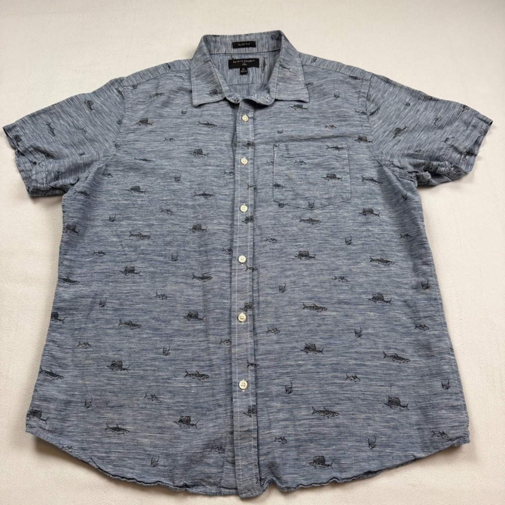 Banana Republic Mens XL Slim Fit Linen‎ Cotton Shark Sailfish Print Shirt Blue